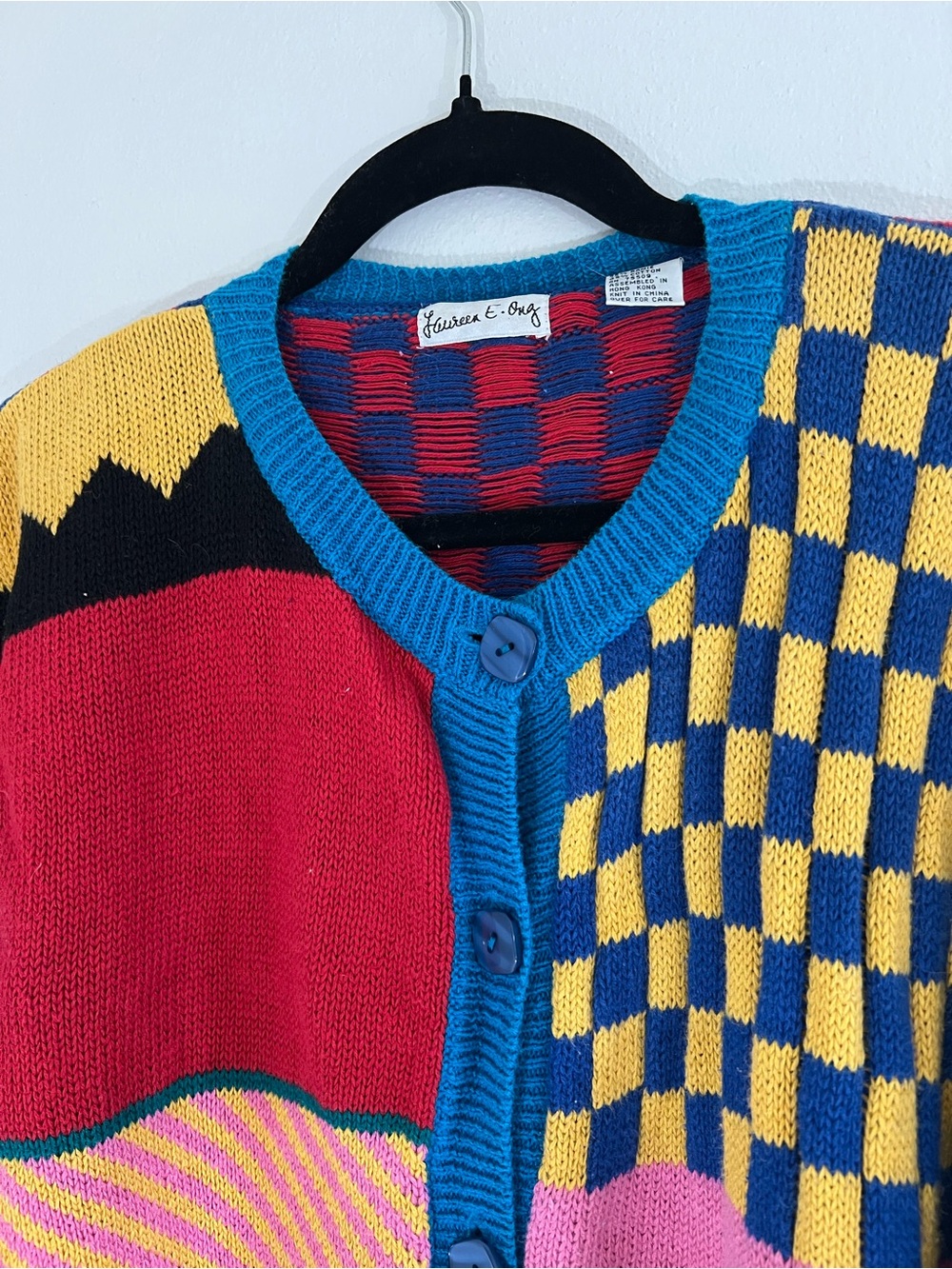 Colorblock Geometric Women’s Cardigan Sweater - Teal Multi, Unique Pattern - Picture 4 of 4